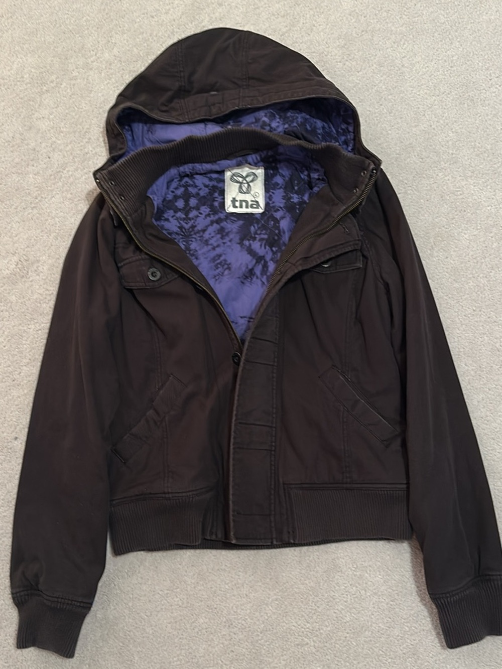 TNA Women's Hooded Utility Jacket in Black with Purple Lining